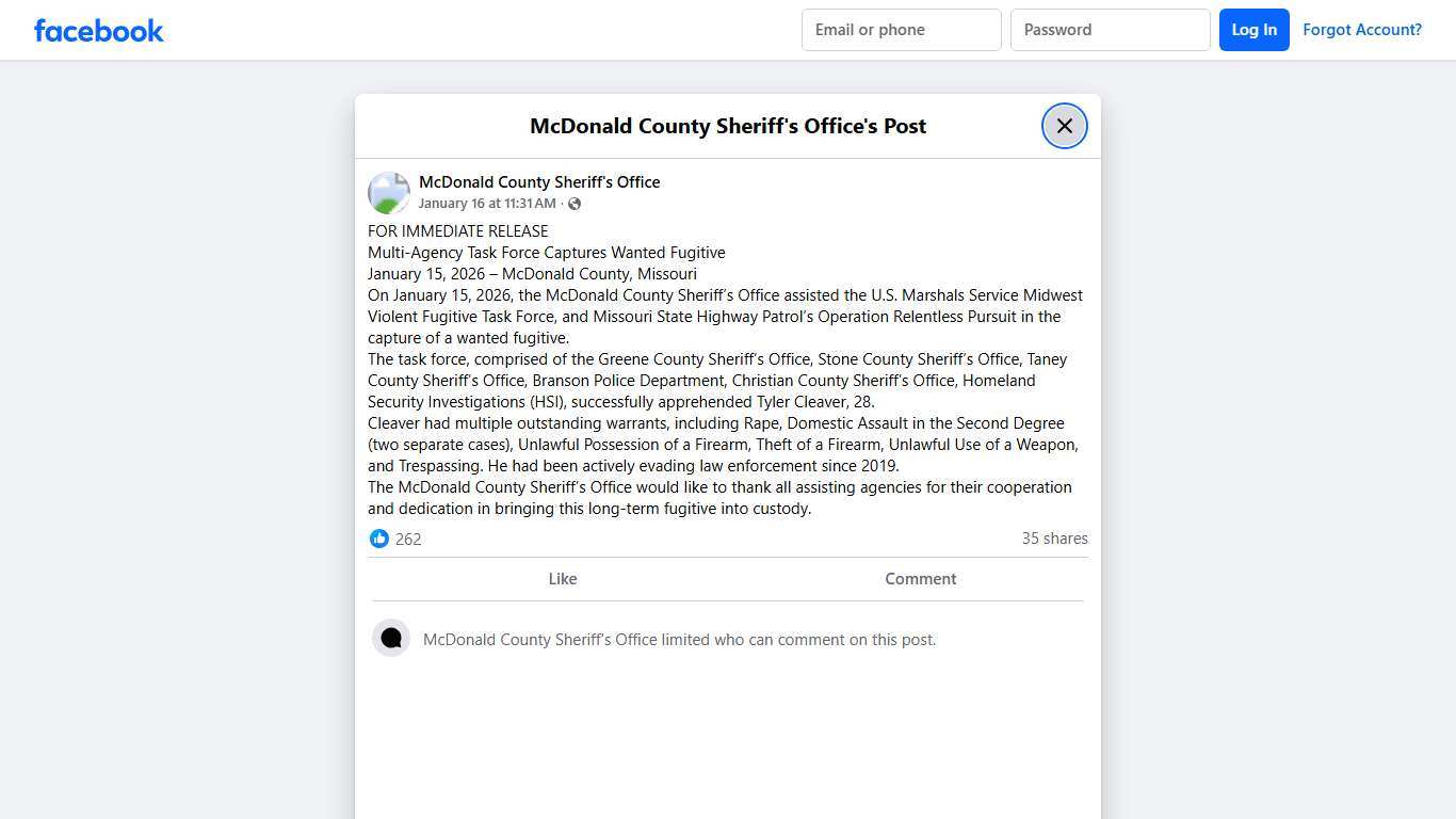 FOR IMMEDIATE RELEASE... - McDonald County Sheriff's Office Facebook